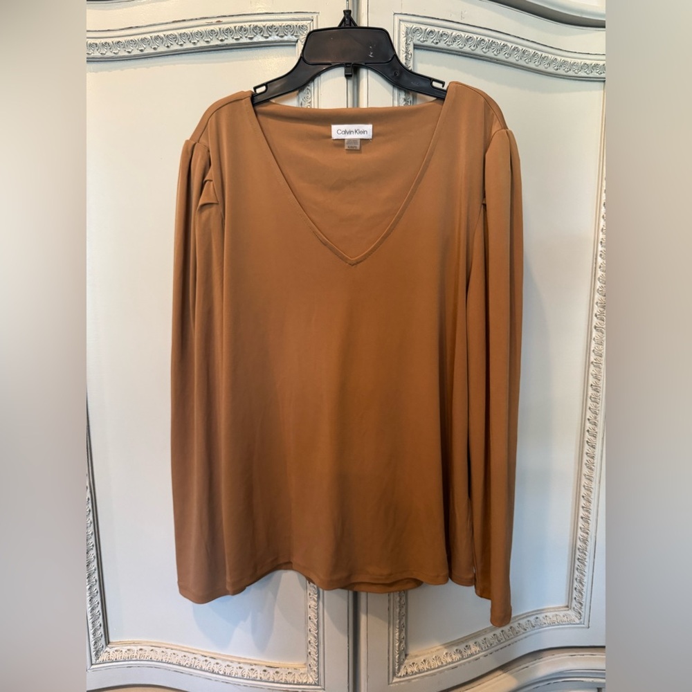 Calvin Klein Tan V-Neck Blouse